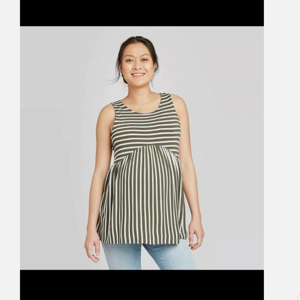 Isabel Maternity Striped Sleeveles Tunic, Olive Green/White, XS